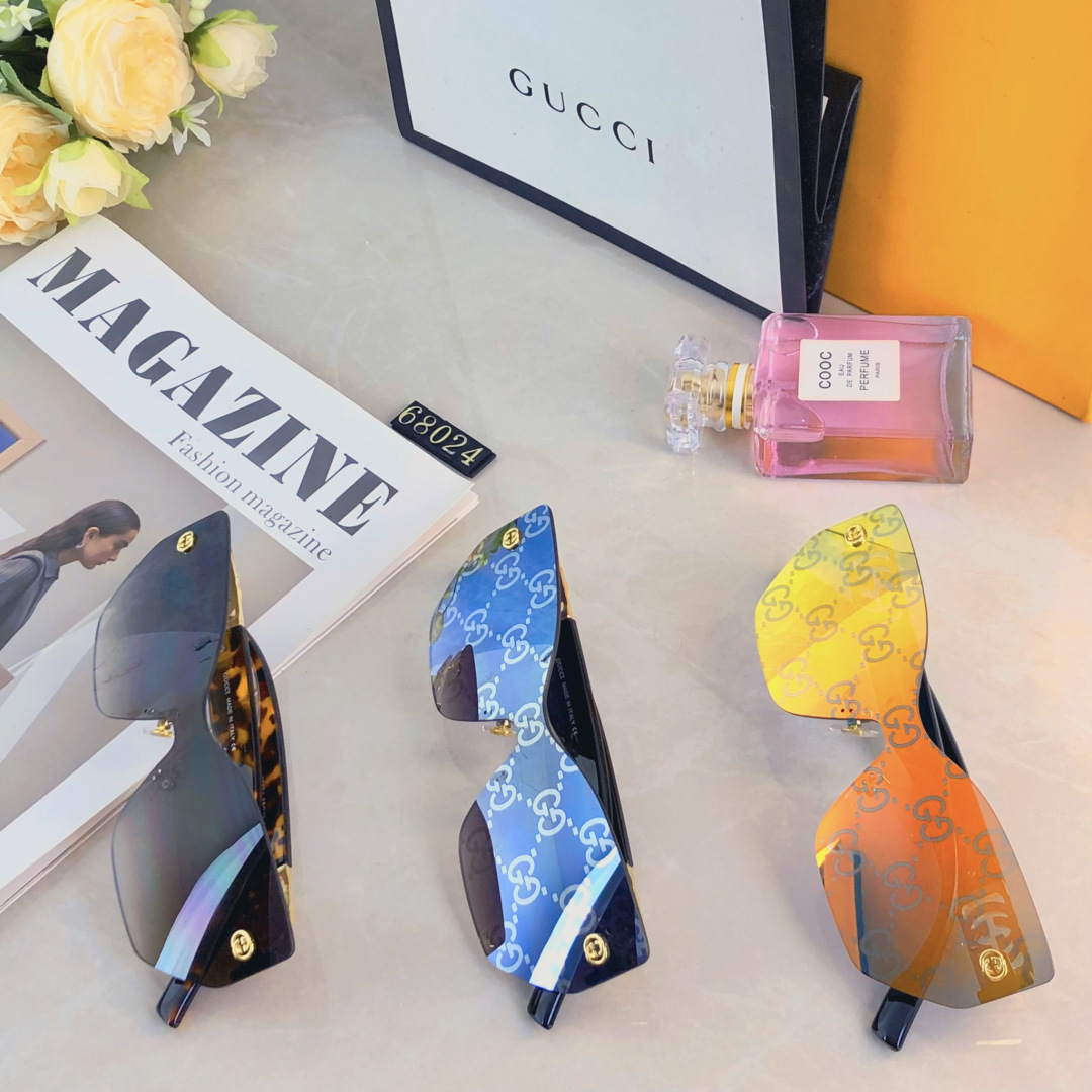 。。Gucc*高级感无框墨镜女潮欧美复古大框切边眼镜防紫外线太阳镜海边防晒