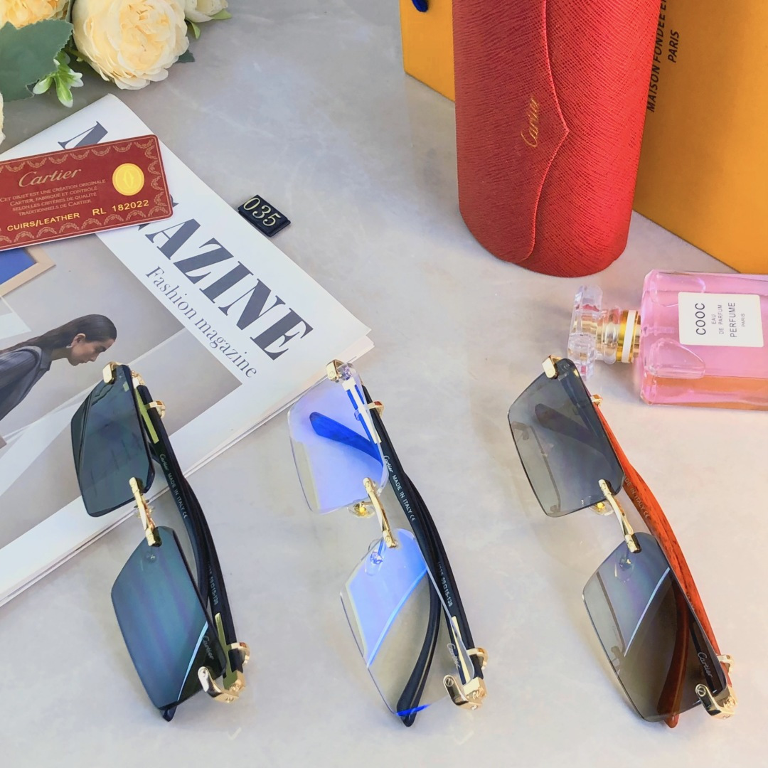 🔥🔥Cartie*无框切边太阳镜欧美风金属奢华墨镜豹子装饰大气墨镜