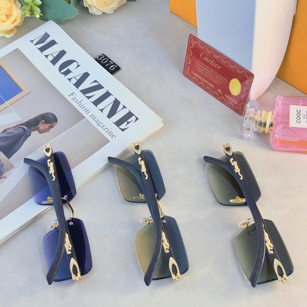 。。Cartie*无框切边太阳镜欧美风金属奢华墨镜豹子装饰大气墨镜UV400