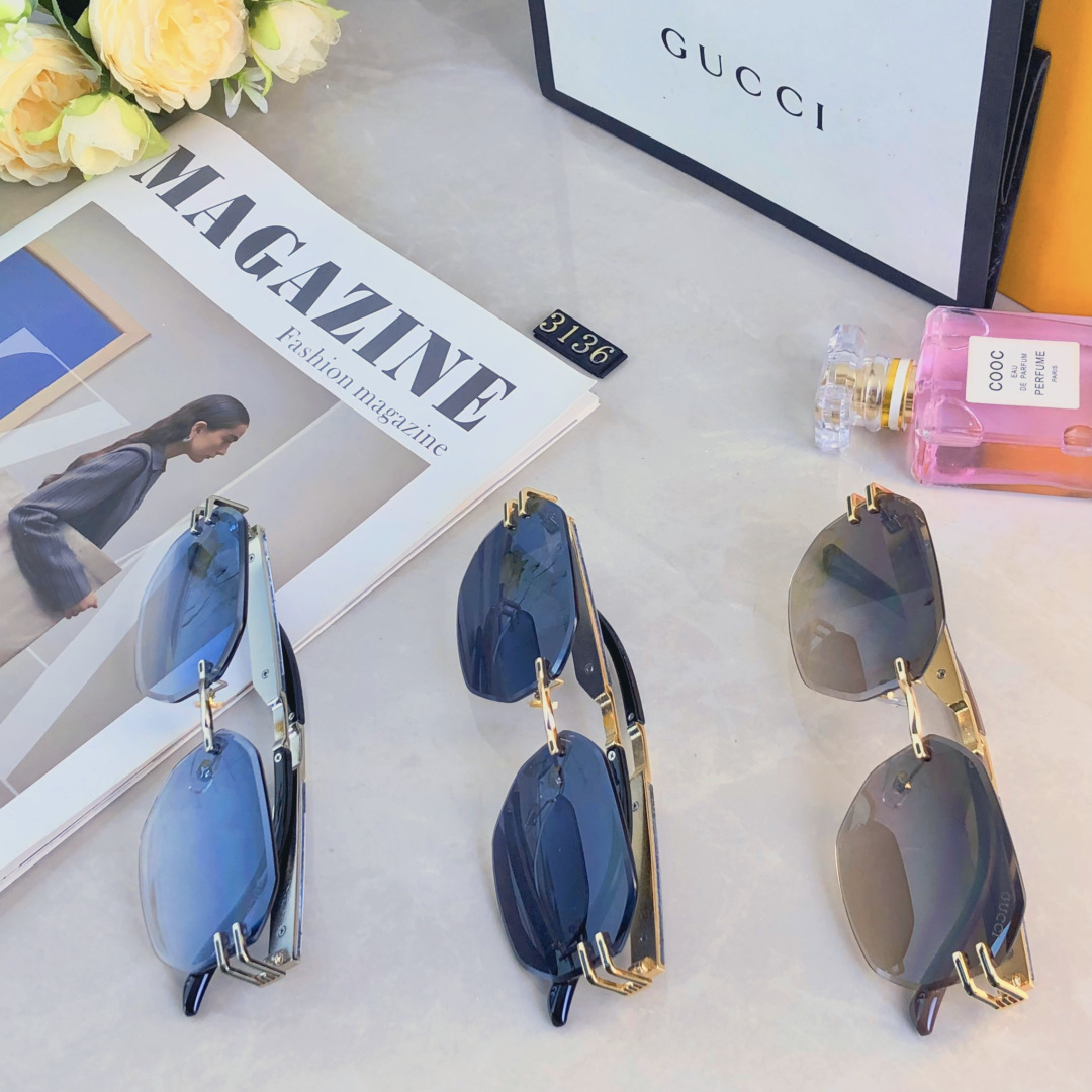 。。Gucc*金属个性切边时尚无框太阳镜遮阳高级质感欧美街拍潮男女墨镜