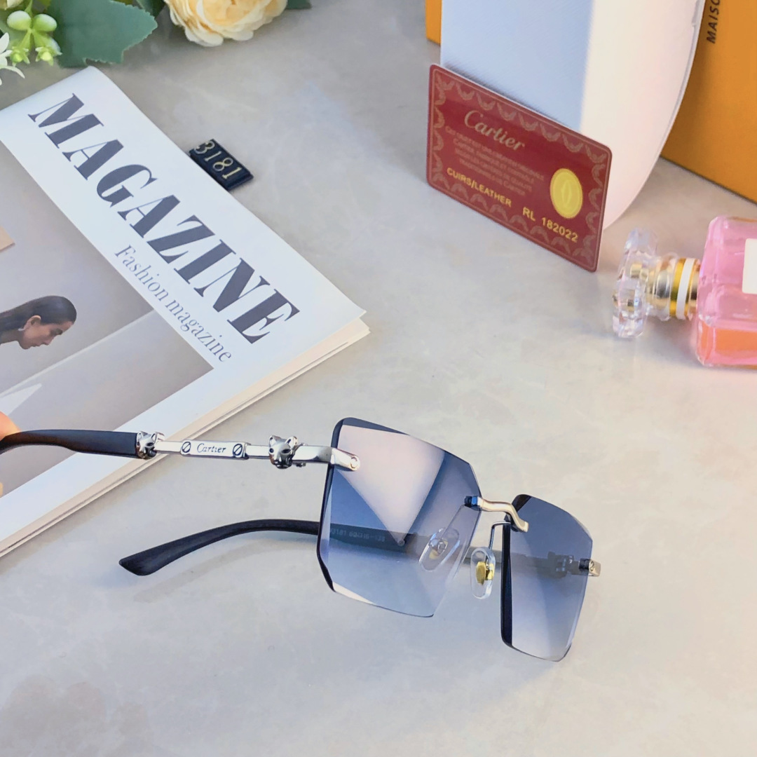 。。Cartie*无框切边太阳镜欧美风金属奢华墨镜豹子装饰大气墨镜UV400