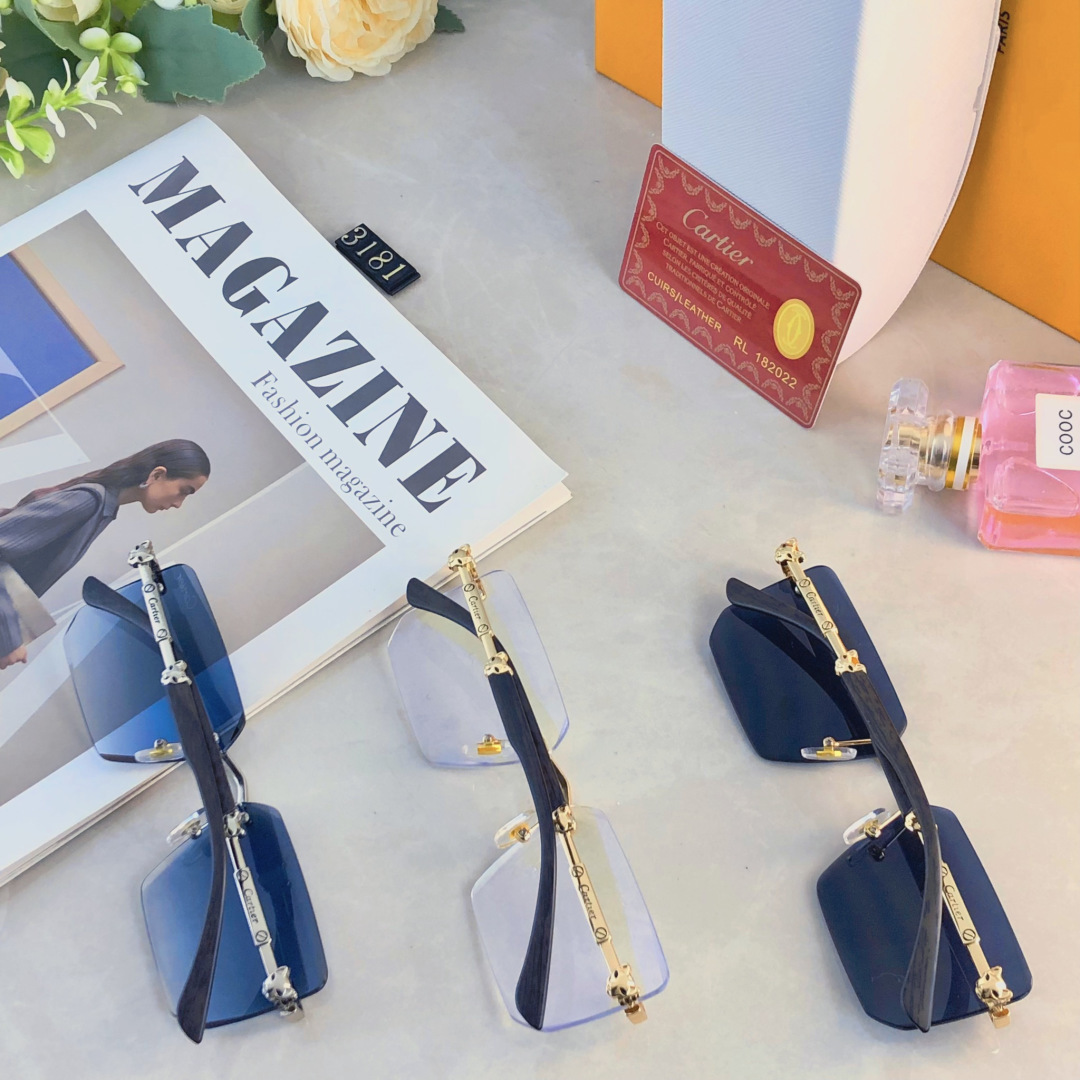 。。Cartie*无框切边太阳镜欧美风金属奢华墨镜豹子装饰大气墨镜UV400