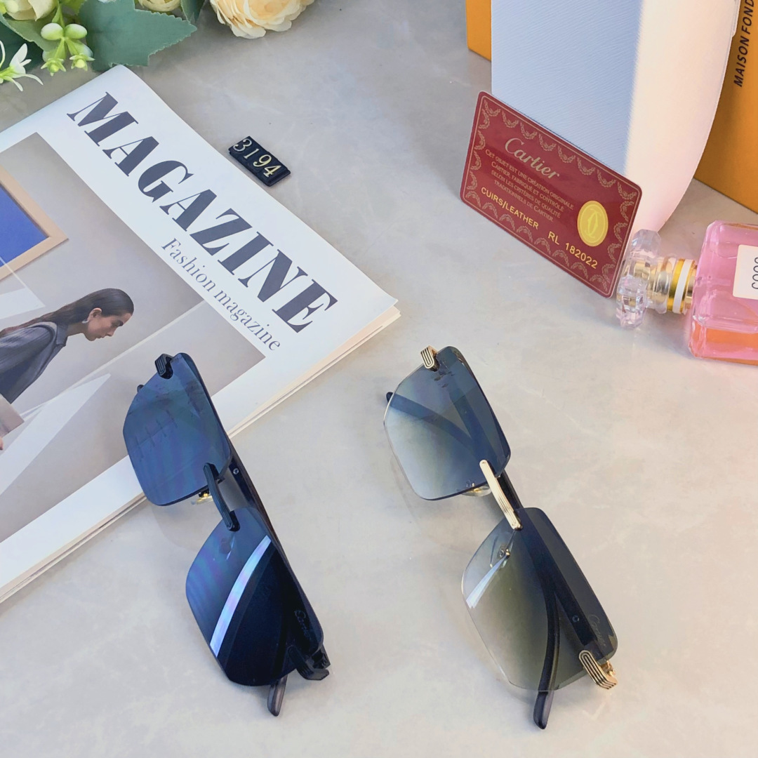 。。CARTIE*无框太阳镜男切边方形小框眼镜欧美风时尚复古气质时髦防晒墨镜女