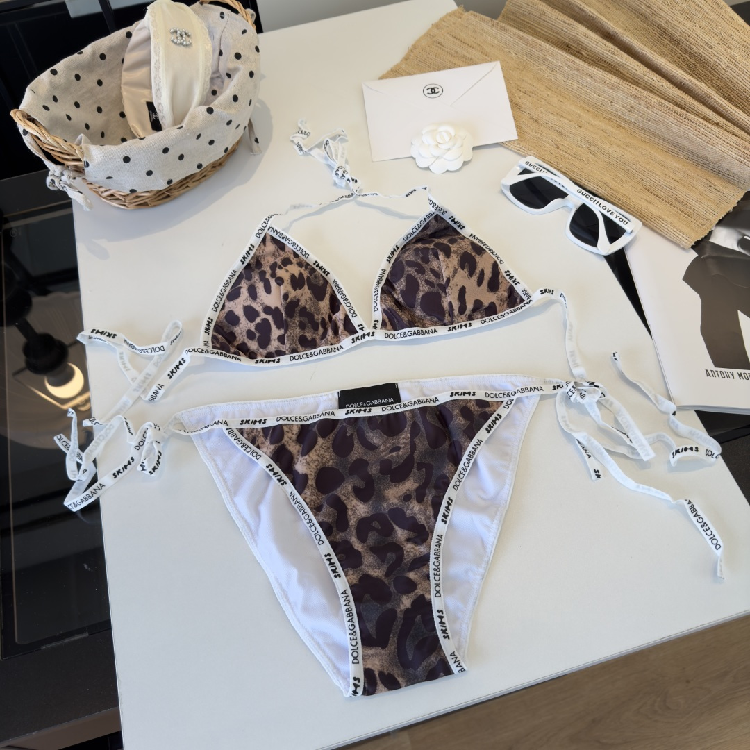 。D&G杜嘉班纳新款织带比基尼分体泳衣套装 豹纹色ＳＭＬXL