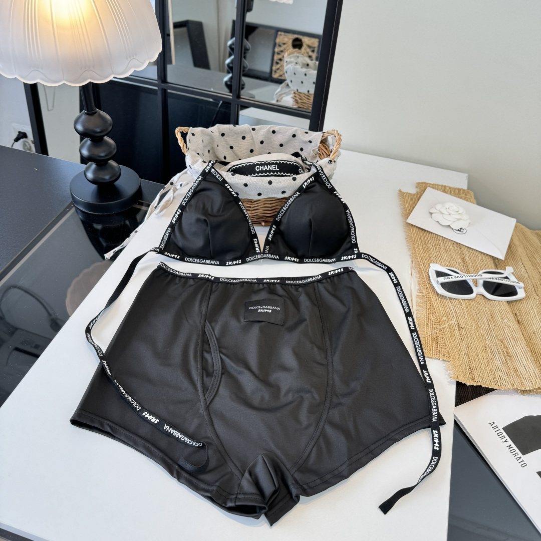 。D&G杜嘉班纳新款织带比基尼分体泳衣套装 黑色白色ＳＭＬ