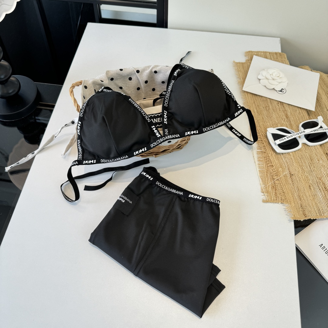 。D&G杜嘉班纳新款织带比基尼分体泳衣套装 黑色白色ＳＭＬ