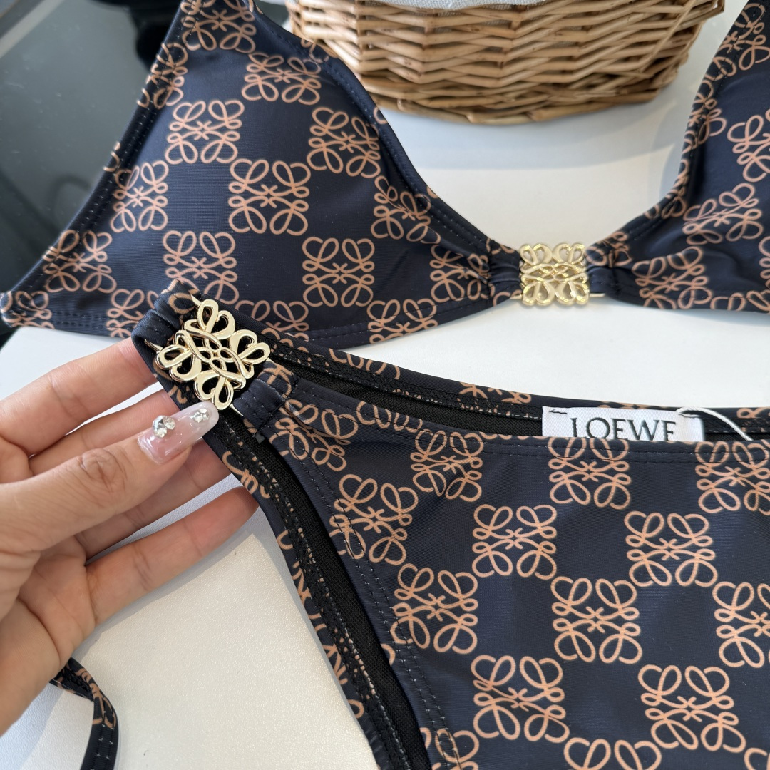 。LOEWE罗意威比基尼中古套装 小香logo印花吊带背心+三角打底裤分体泳衣，黑色，S M L XL