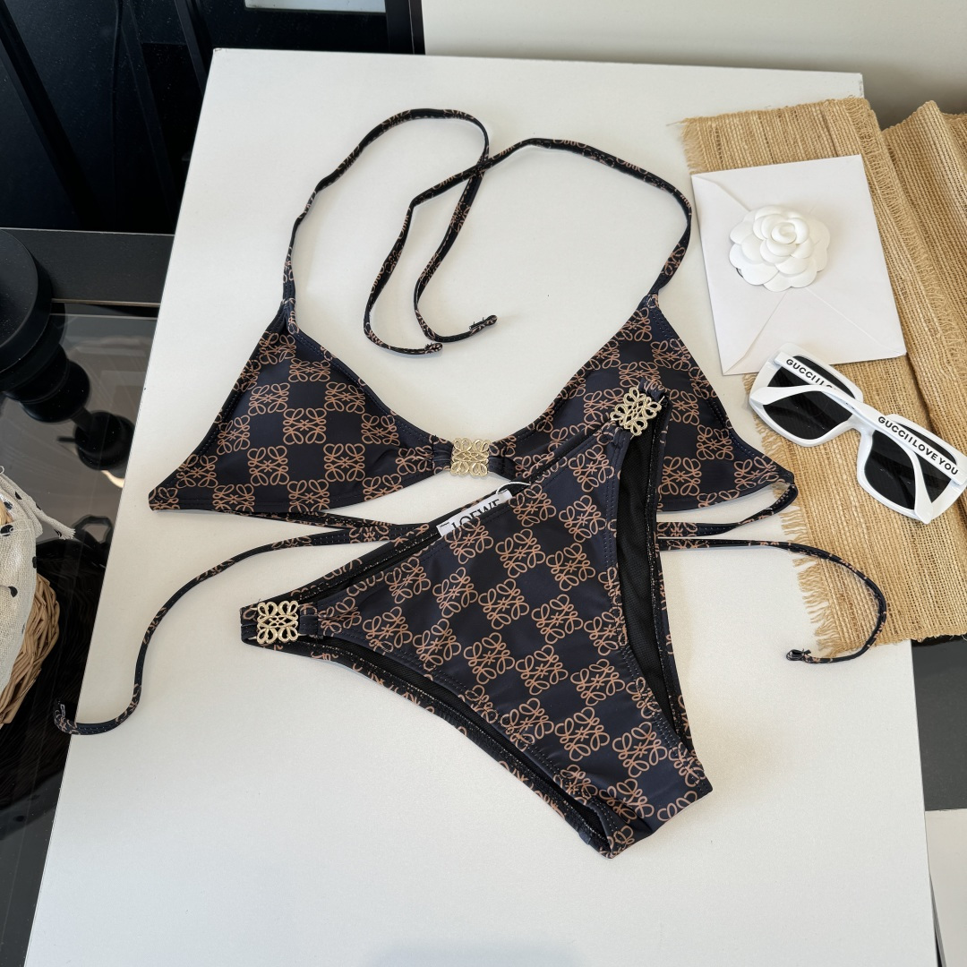 。LOEWE罗意威比基尼中古套装 小香logo印花吊带背心+三角打底裤分体泳衣，黑色，S M L XL