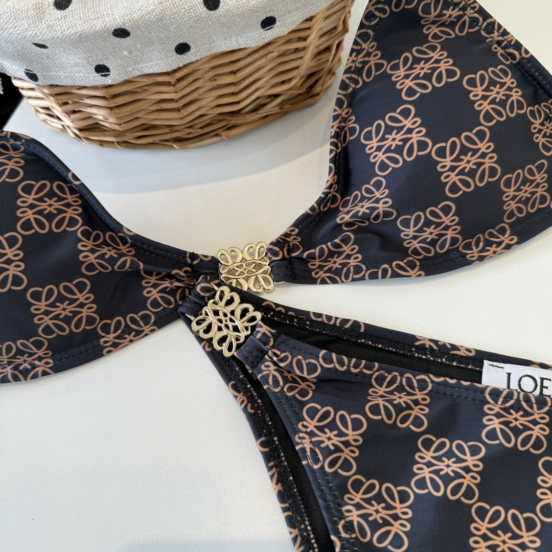 。LOEWE罗意威比基尼中古套装 小香logo印花吊带背心+三角打底裤分体泳衣，黑色，S M L XL