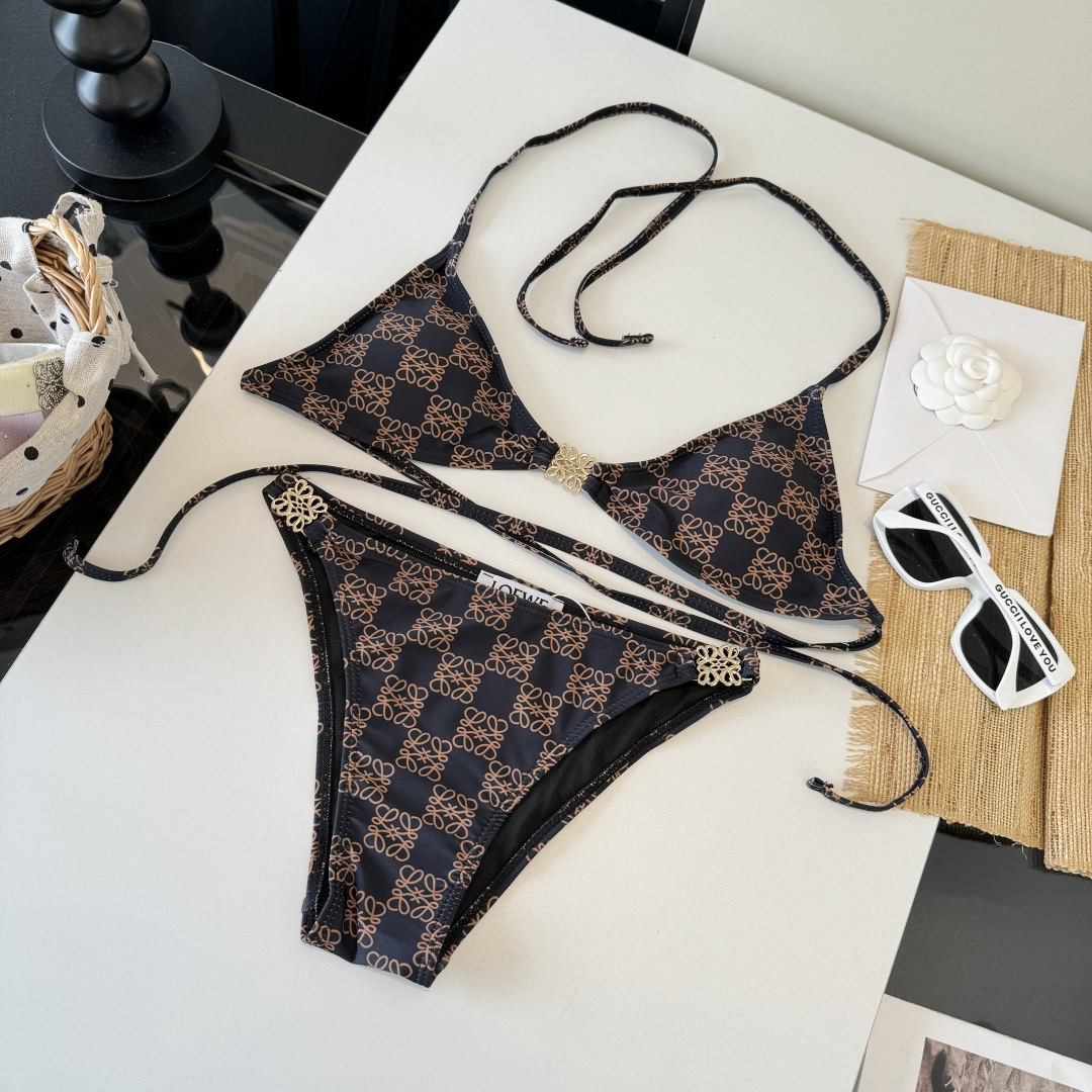 。LOEWE罗意威比基尼中古套装 小香logo印花吊带背心+三角打底裤分体泳衣，黑色，S M L XL