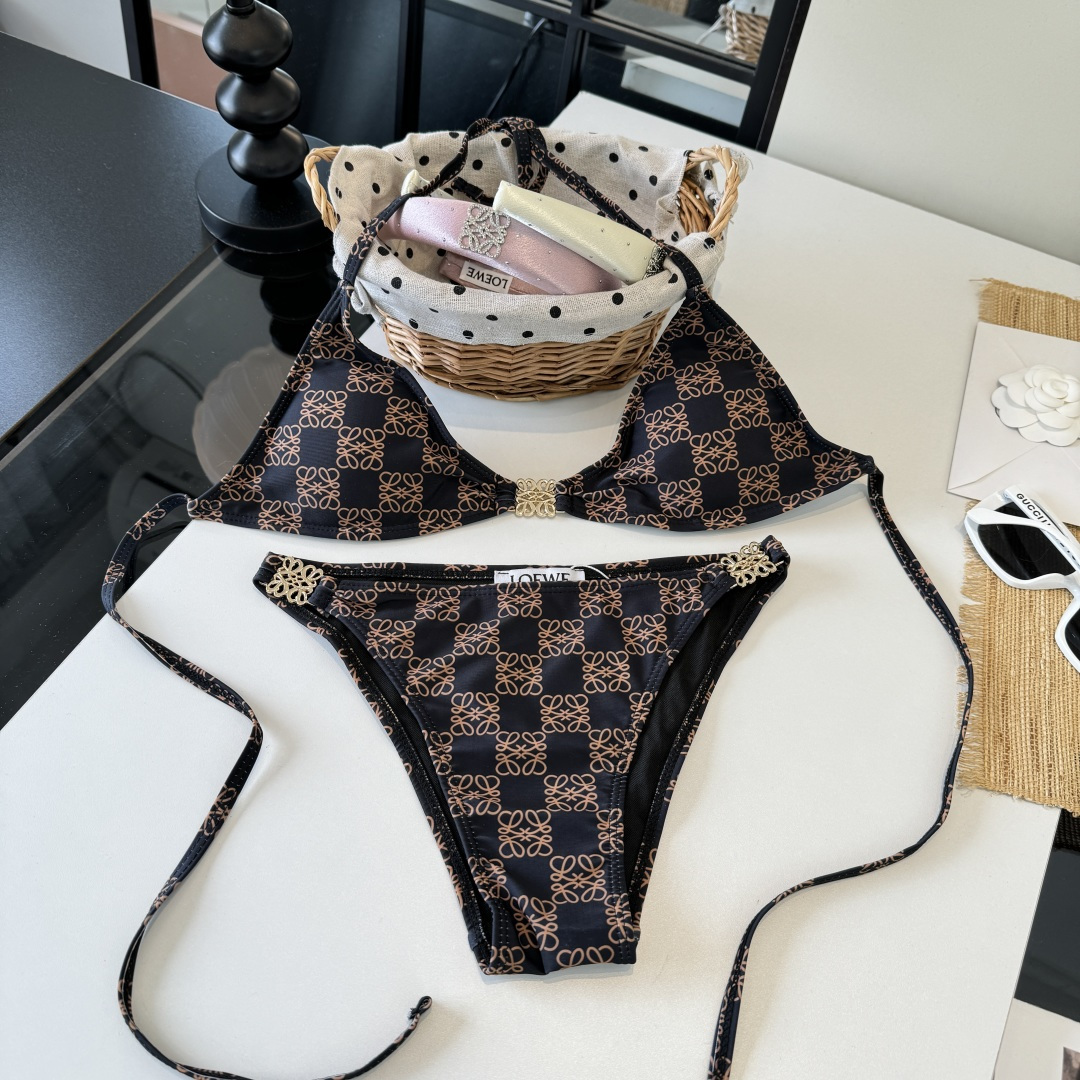 。LOEWE罗意威比基尼中古套装 小香logo印花吊带背心+三角打底裤分体泳衣，黑色，S M L XL