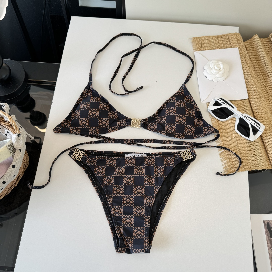 。LOEWE罗意威比基尼中古套装 小香logo印花吊带背心+三角打底裤分体泳衣，黑色，S M L XL
