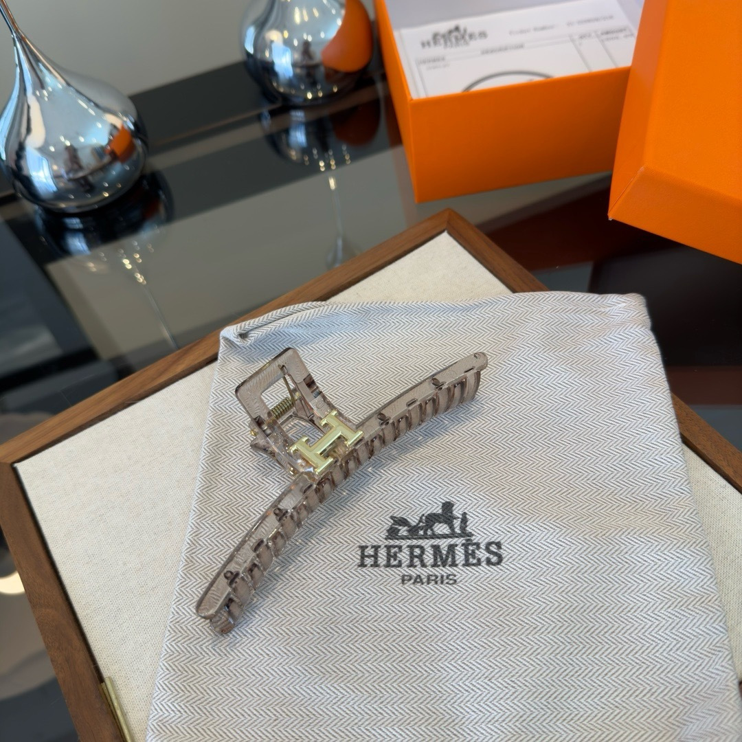 Hermes H Logo Broche de garra de cabelo Resina cinza transparente metal dourado 11 cm