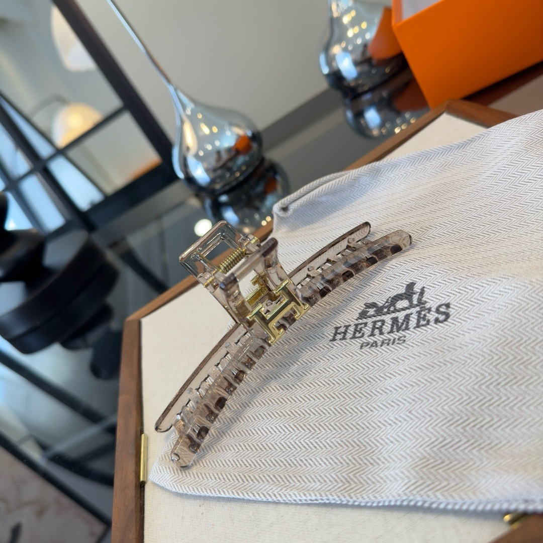 Hermes H Logo Broche de garra de cabelo Resina cinza transparente metal dourado 11 cm