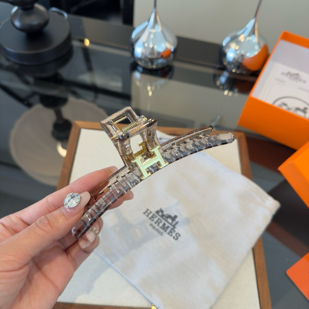 Hermes H Logo Broche de garra de cabelo Resina cinza transparente metal dourado 11 cm