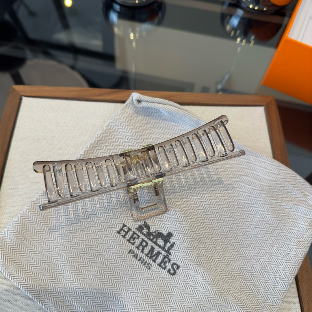 Hermes H Logo Broche de garra de cabelo Resina cinza transparente metal dourado 11 cm