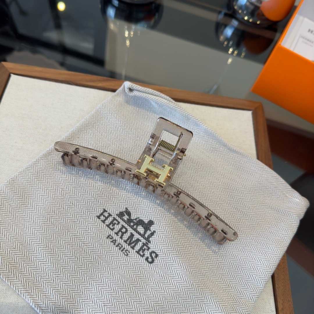 Hermes H Logo Broche de garra de cabelo Resina cinza transparente metal dourado 11 cm