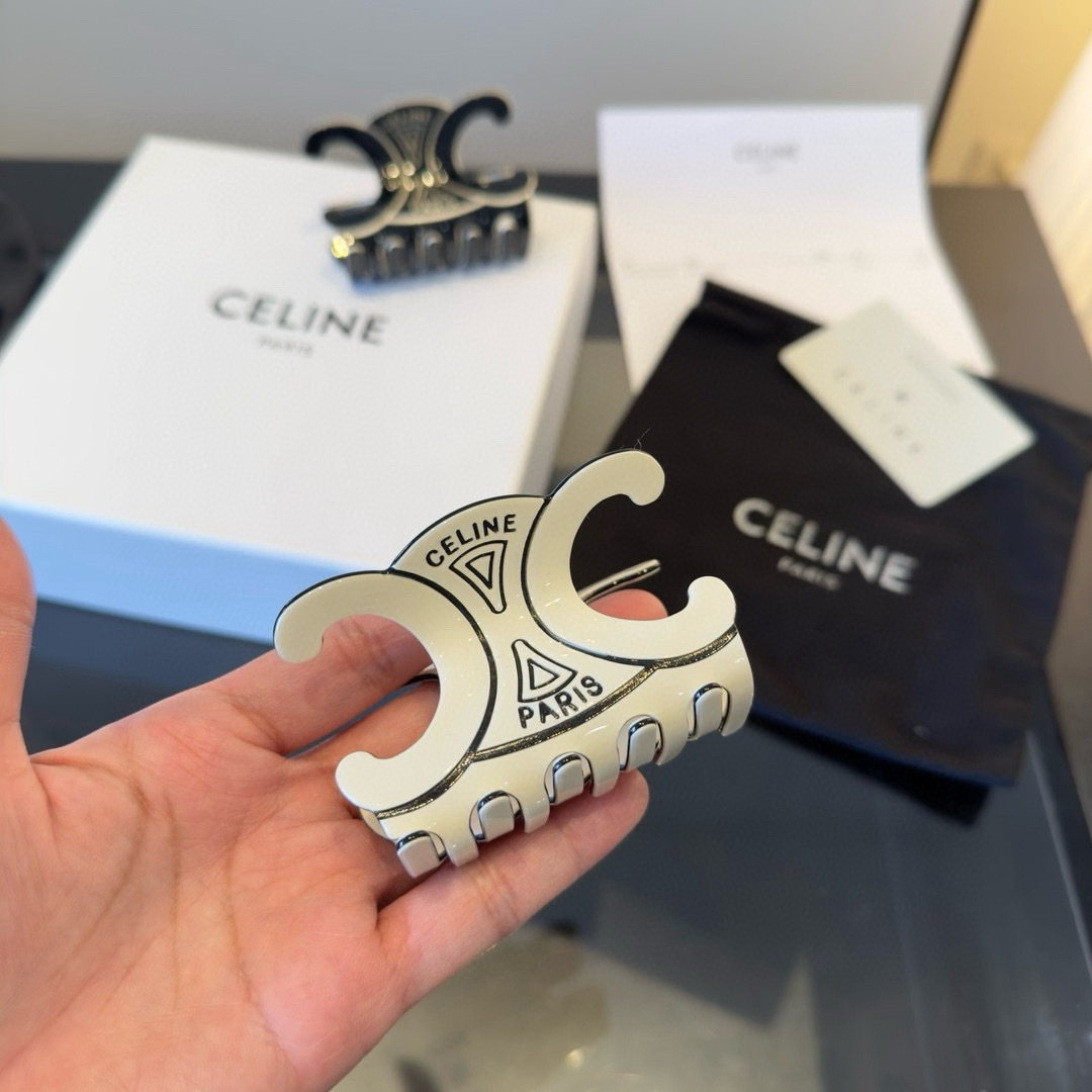 Celine Triomphe Paris Logo Hair Claw brooch Ivory enamel with silver-tone metal accents Black enamel with silver-tone metal accents 8cm