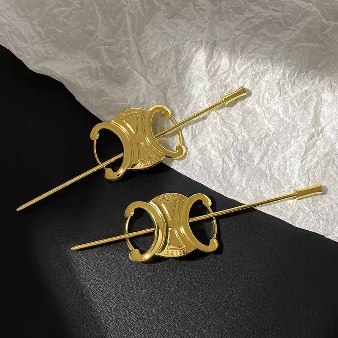 Celine Triomphe Hair Pin brooch gold tone metal no gemstones 12cm pin length