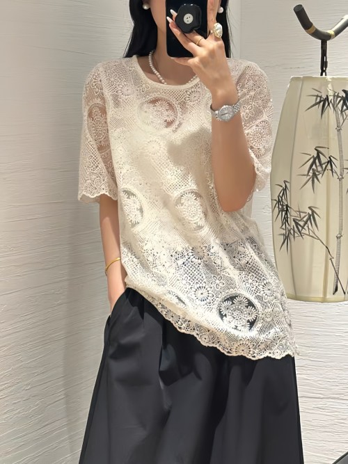 Elegant Lace Embroidered Blouse - Sheer, Lightweight, and Comfortable 1 Elegant Lace Embroidered Blouse - Sheer, Lightweight, and Comfortable