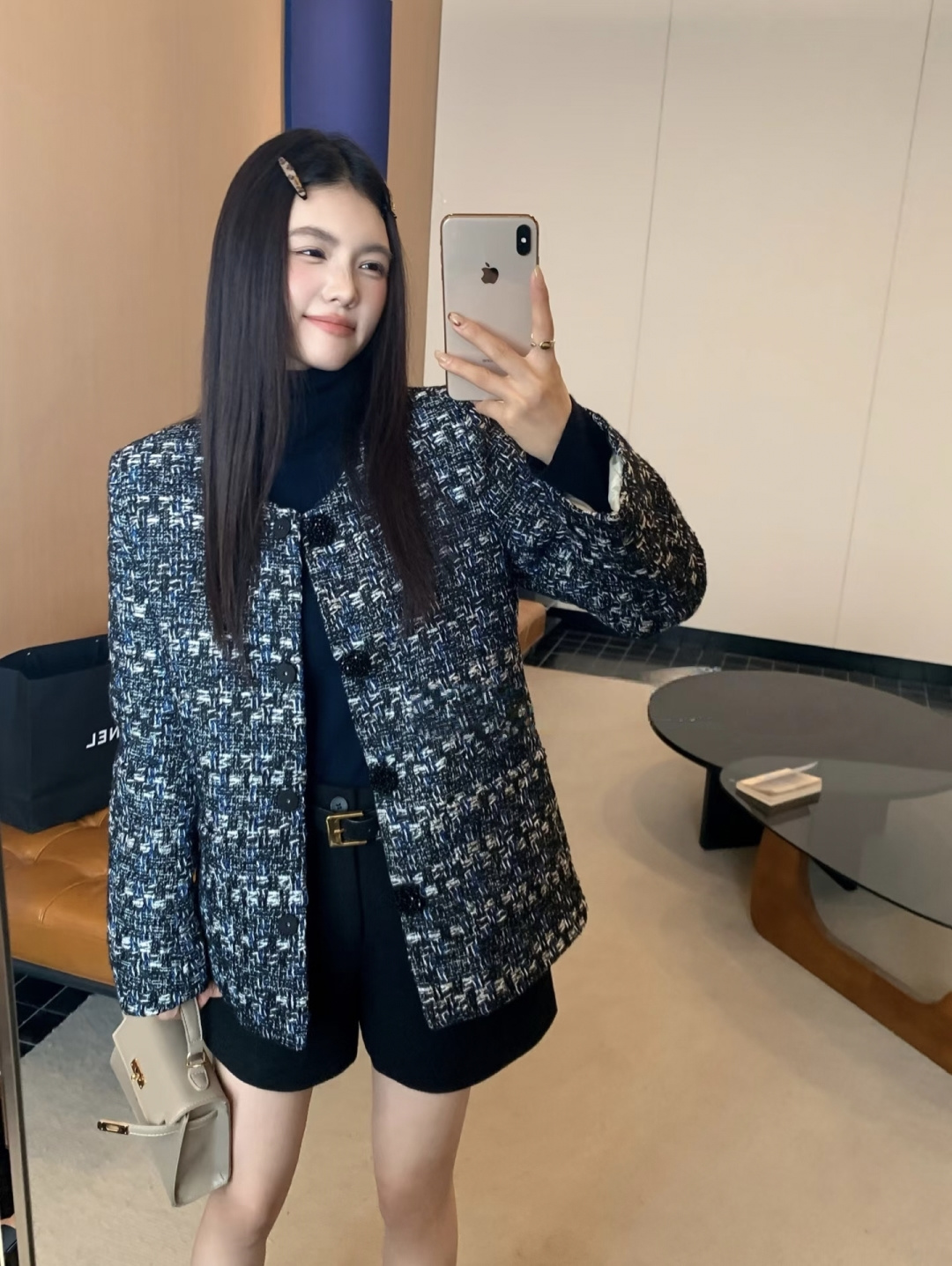 Elegant Wool Blend Tweed Chanel-Style Jacket - Slim Fit, Warm Down Lining