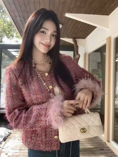 Elegant Wool Blend Tweed Chanel-Inspired Jacket with Feather Detail 1 Elegant Wool Blend Tweed Chanel-Inspired Jacket with Feather Detail