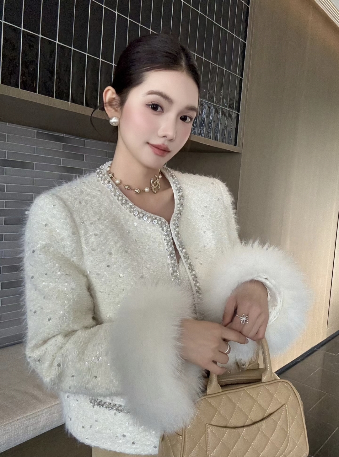 Chanel White Down Jacket with Fox Fur Trim and Sequin Embellishment