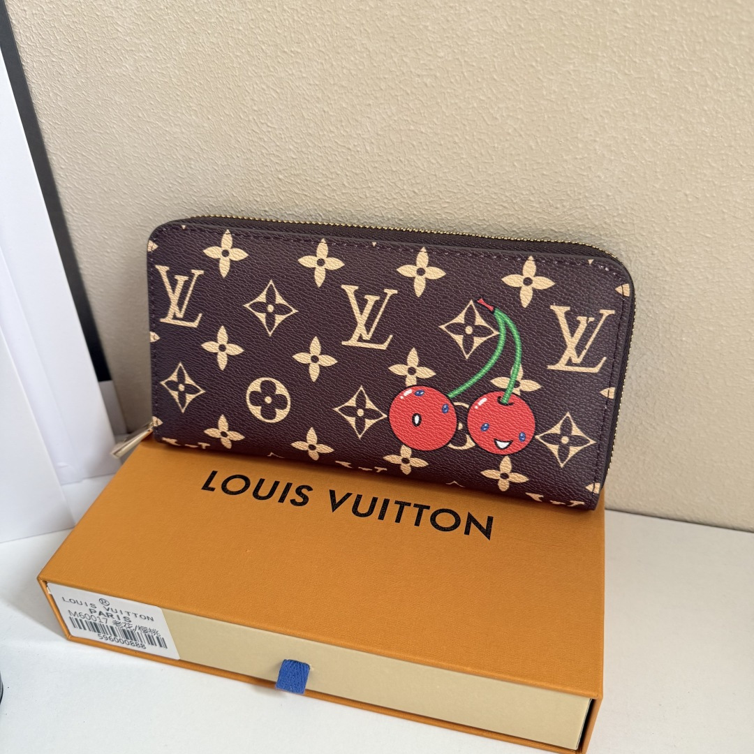 エレガントなラウンドジッパー財布 - 老花樱桃柄