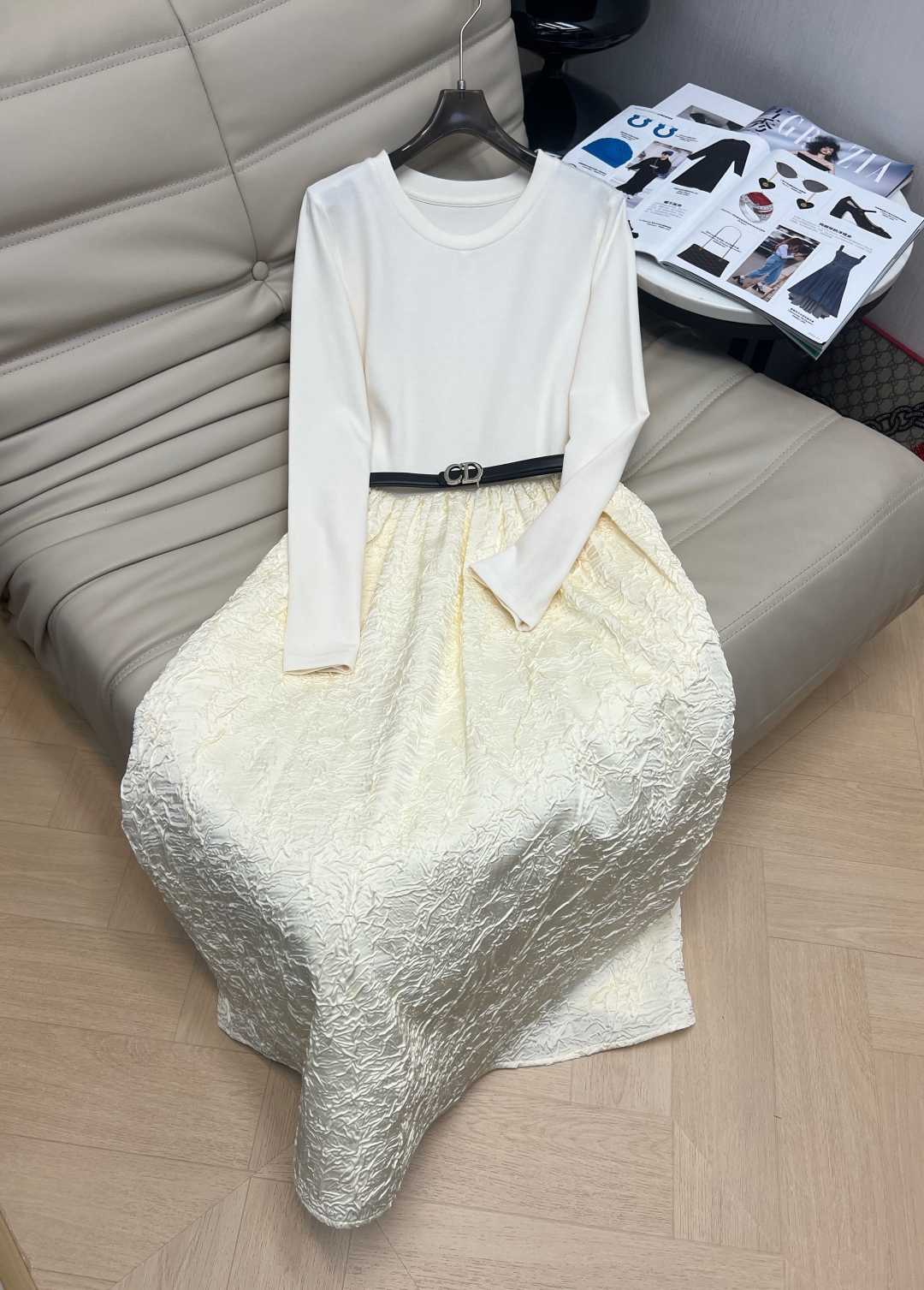 Elegant Embossed Floral Print Midi Dress with Belt - Chic and Feminine 2 cmp i1759387732080 4492 0 0