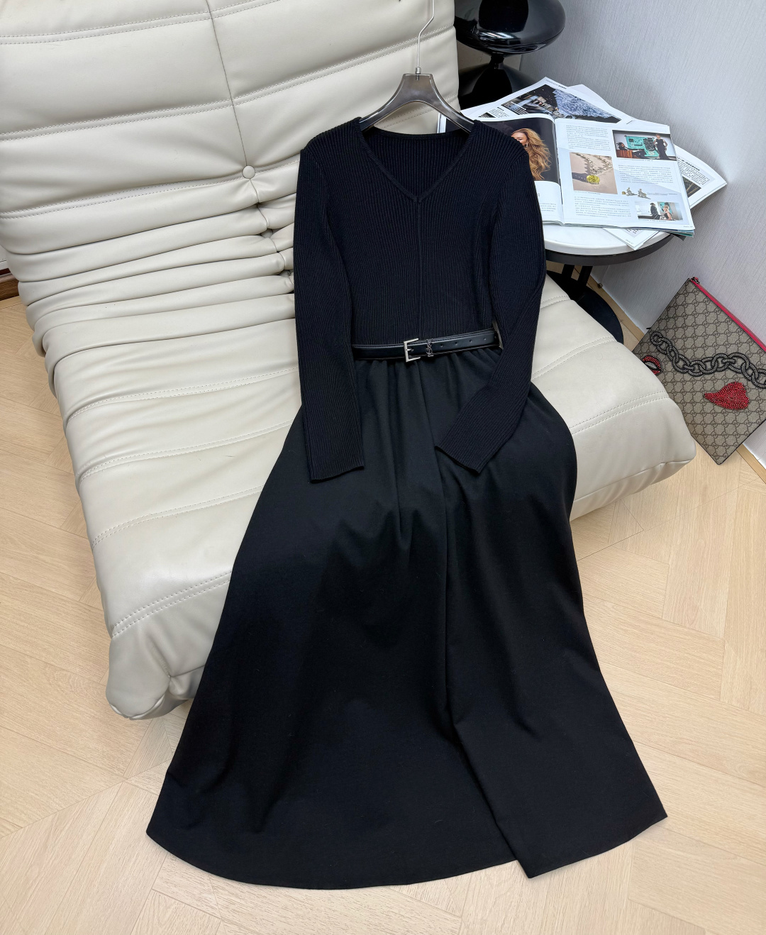 Elegant Black V-Neck Patchwork Dress with Belt – Slim Fit & Flattering