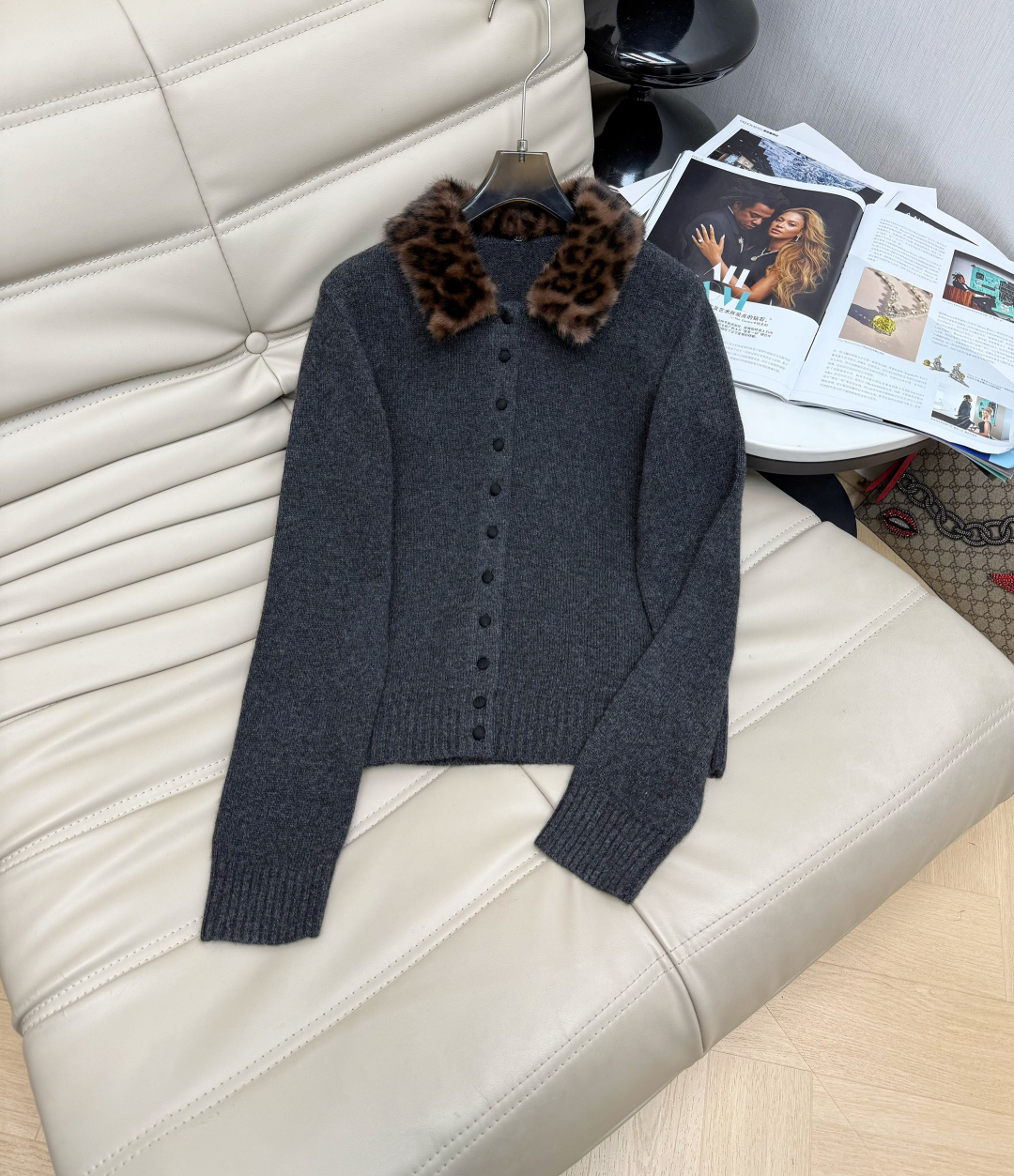 Leopard Print Faux Fur Collar Coat – Detachable Collar, Warm & Stylish