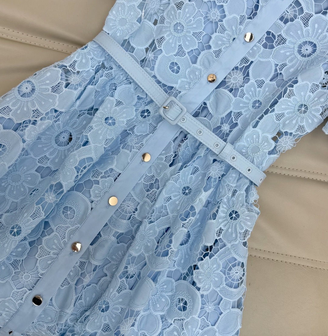 26Ss 早春新款蓝色蕾丝连衣裙，融合了法式优雅与少女感。它采用经典的翻领衬衫领口、短袖设计和前排纽扣元