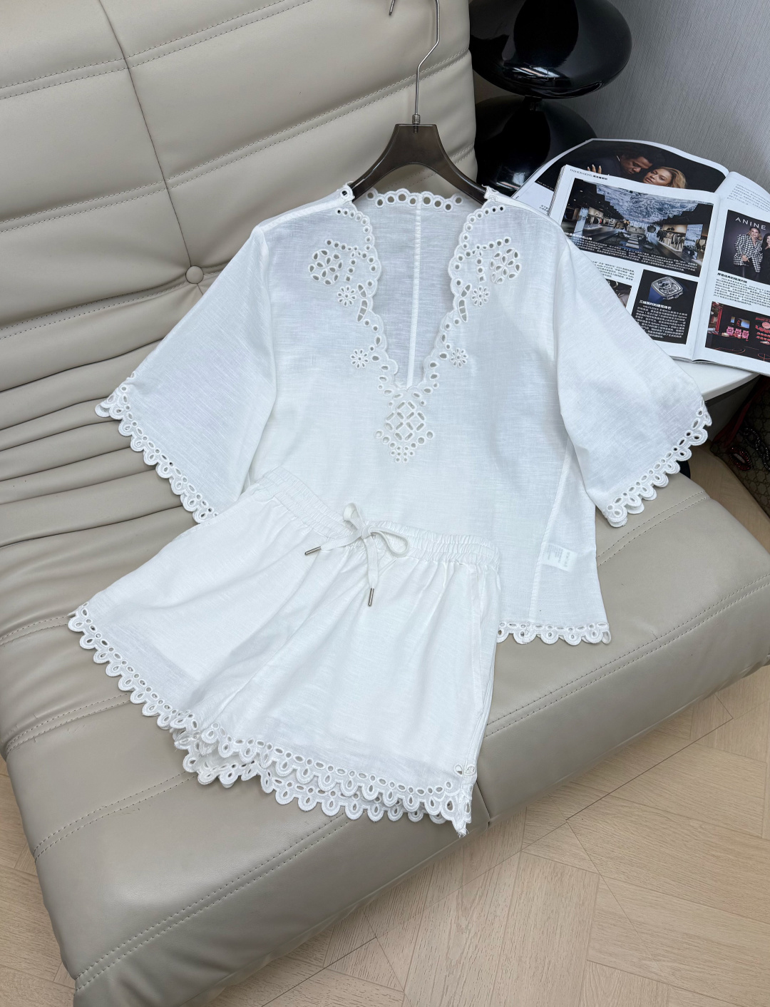 NO:740722,Upper skirt: 26ss high-quality hollow lace suit, including V-neck short-sleeved top + elastic waist shorts, light and breathable fabric, perfect for summer!  Exquisite hollow lace design, full of French romantic atmosphere. The V-neck modifies the neck line, and the elastic waist of the shorts is comfortable and flattering. It can be easily used for daily outings and vacations. It is elegant and practical, and a must-have for summer wear!  Color 34-36-38,,skirts,shorts,T-shirt,19860909上半裙 26ss高品质镂空花边套装,包含V领短袖上衣+松紧腰短裤,轻薄透气面料超适合夏天！精致镂空花边设计,法式浪漫氛围感满满.V领修饰颈部线条,短裤松紧腰舒适又显身材,日常出街、度假都能轻松驾驭,优雅又实用,夏日穿搭必备！色34-36-38,,skirts,shorts,T-shirt,,Women's clothing