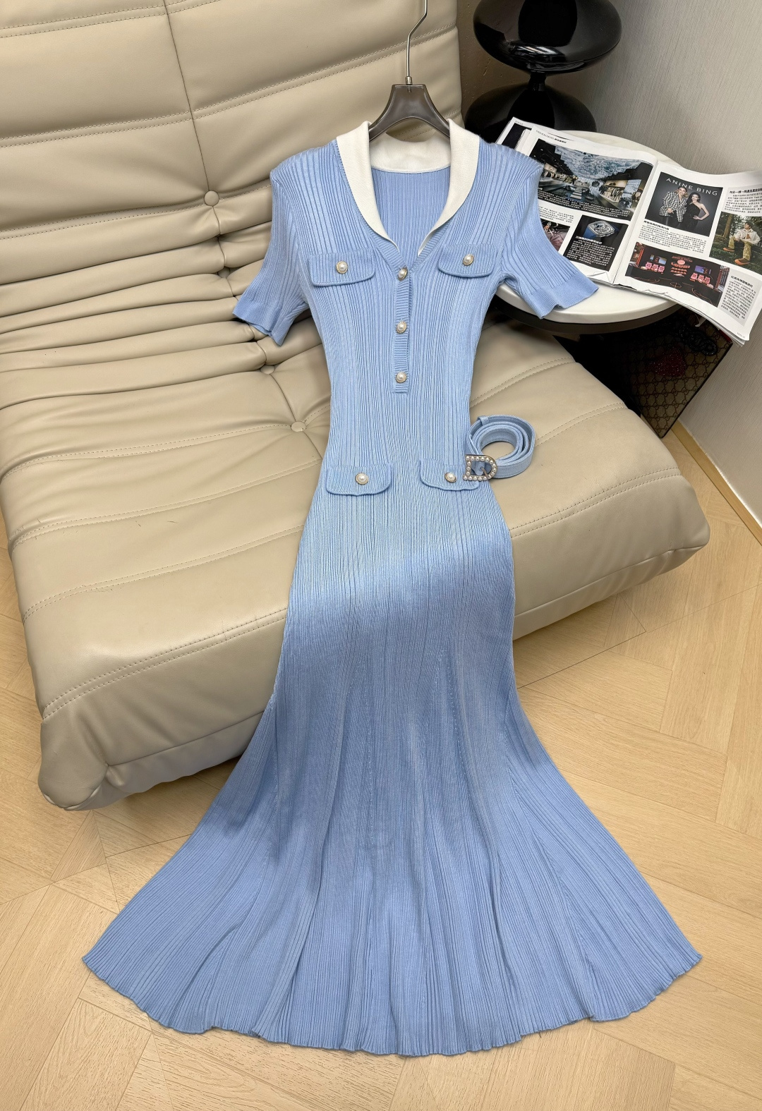 NO:911516,2026 blue knitted dress, mist blue color + contrasting lapels, elegant and retro style, pitted knitted fabric is soft and skin-friendly, super comfortable to wear in summer!  The details of the pearl buttons and belt are super exquisite, and the fishtail skirt brings a smart atmosphere when walking~it can be easily controlled for commuting, dating, and vacation. There are many sizes to choose from, suitable for girls of all shapes. Recommend SML,,skirts,198609092026蓝色针织连衣裙 薄雾蓝配色+撞色翻领,优雅复古气质满分坑条针织面料柔软亲肤,夏天穿超舒服！珍珠纽扣和腰带细节超精致,鱼尾裙摆走路自带灵动氛围感～通勤、约会、度假都能轻松驾驭,尺码选择多,适合各种身材女生 推荐SML,,skirts,,Women's clothing
