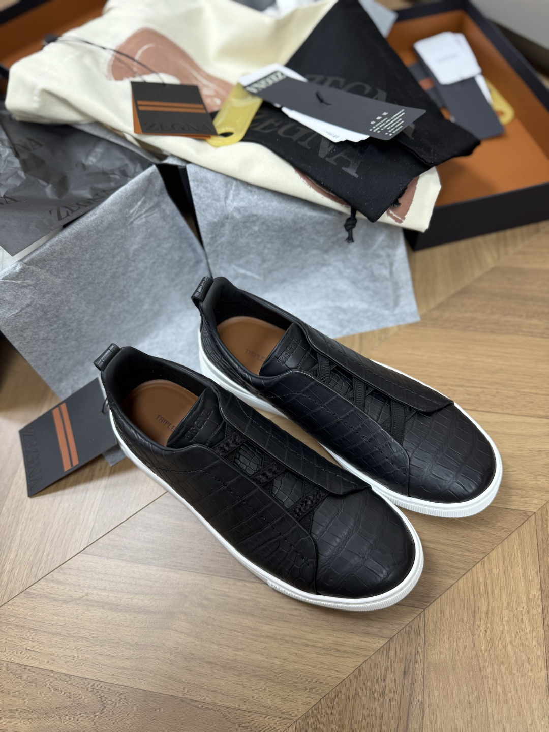 Zegna slip-on sneakers embossed leather black