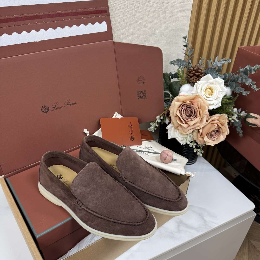 Loro Piana Summer Walk лаферы мужчынскія на заказ з фетровай цялячай скуры, скураная вусцілка, скураная сярэдняя падэшва, абутак - вышэйшая якасць