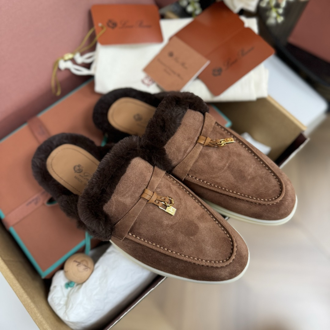 Loro piana Summer walk бабровая футра нізкія пухнатыя тапкі - топ-якасць