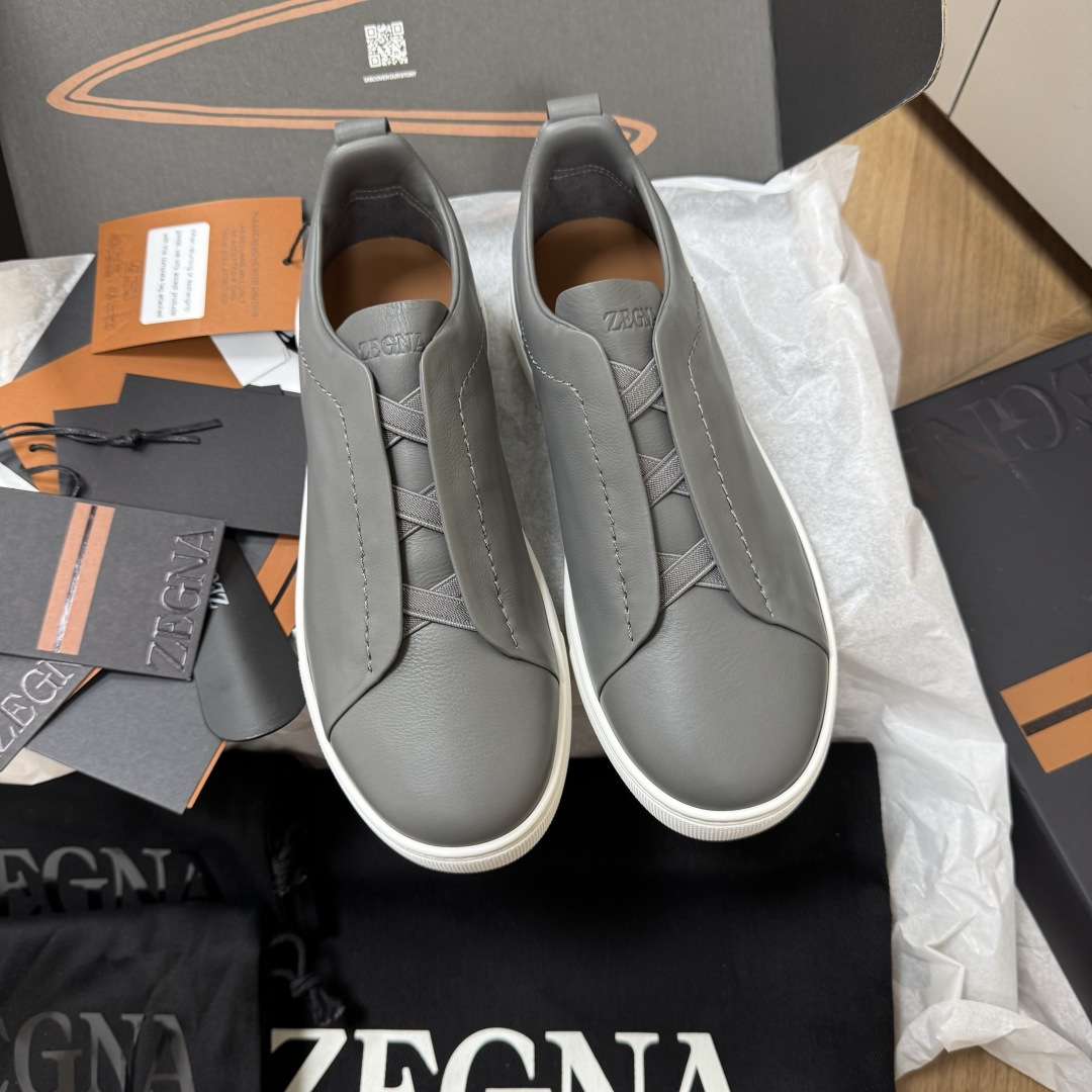 ZEGNA 傑尼亞 Triple Stitch 灰色 皮革 低筒 休閒鞋