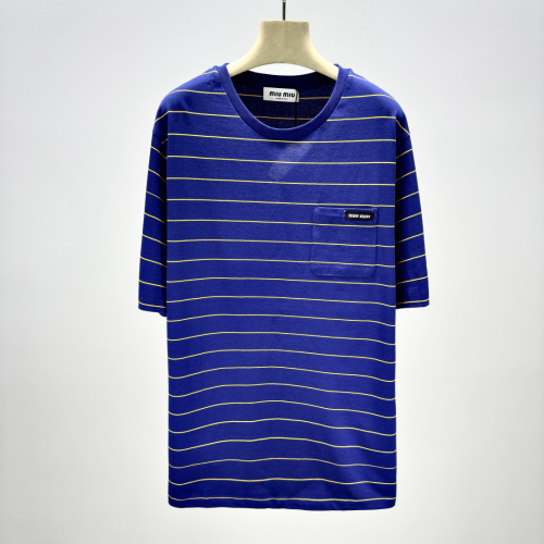 Miu Miu Striped Knit T-Shirt with Logo Patch, Short Sleeves, Slim Fit 1 Miu Miu Striped Knit T-Shirt with Logo Patch, Short Sleeves, Slim Fit