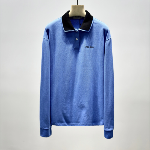 Miu Miu Women's Blue Cotton Long Sleeve Logo Polo Shirt 1 Miu Miu Women's Blue Cotton Long Sleeve Logo Polo Shirt