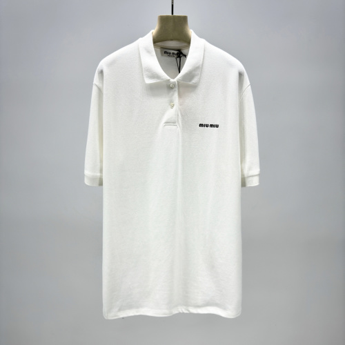 Miu Miu Cotton Piqué Polo Shirt with Embroidered Logo, White 1 Miu Miu Cotton Piqué Polo Shirt with Embroidered Logo, White