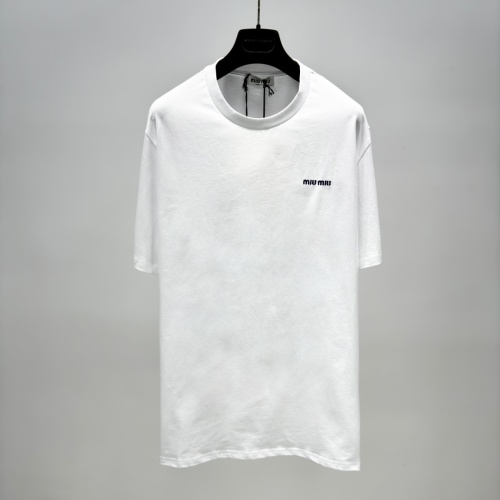 Miu Miu Women's White Cotton Embroidered Logo Short Sleeve T-Shirt 1 Miu Miu Women's White Cotton Embroidered Logo Short Sleeve T-Shirt