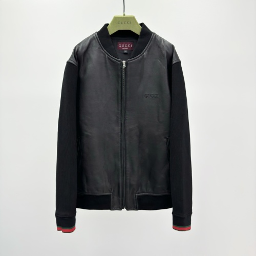 GUCC1 Black Nappa Leather Knit Panel Bomber Jacket with Embroidery 1 GUCC1 Black Nappa Leather Knit Panel Bomber Jacket with Embroidery