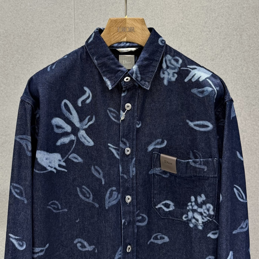 Dior Floral Print Denim Long Sleeve Shirt