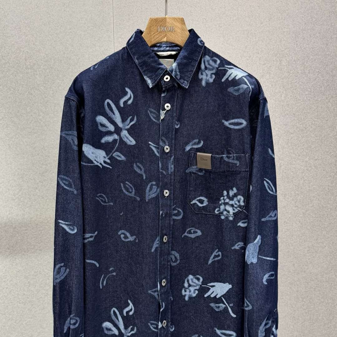 Dior Floral Print Denim Long Sleeve Shirt