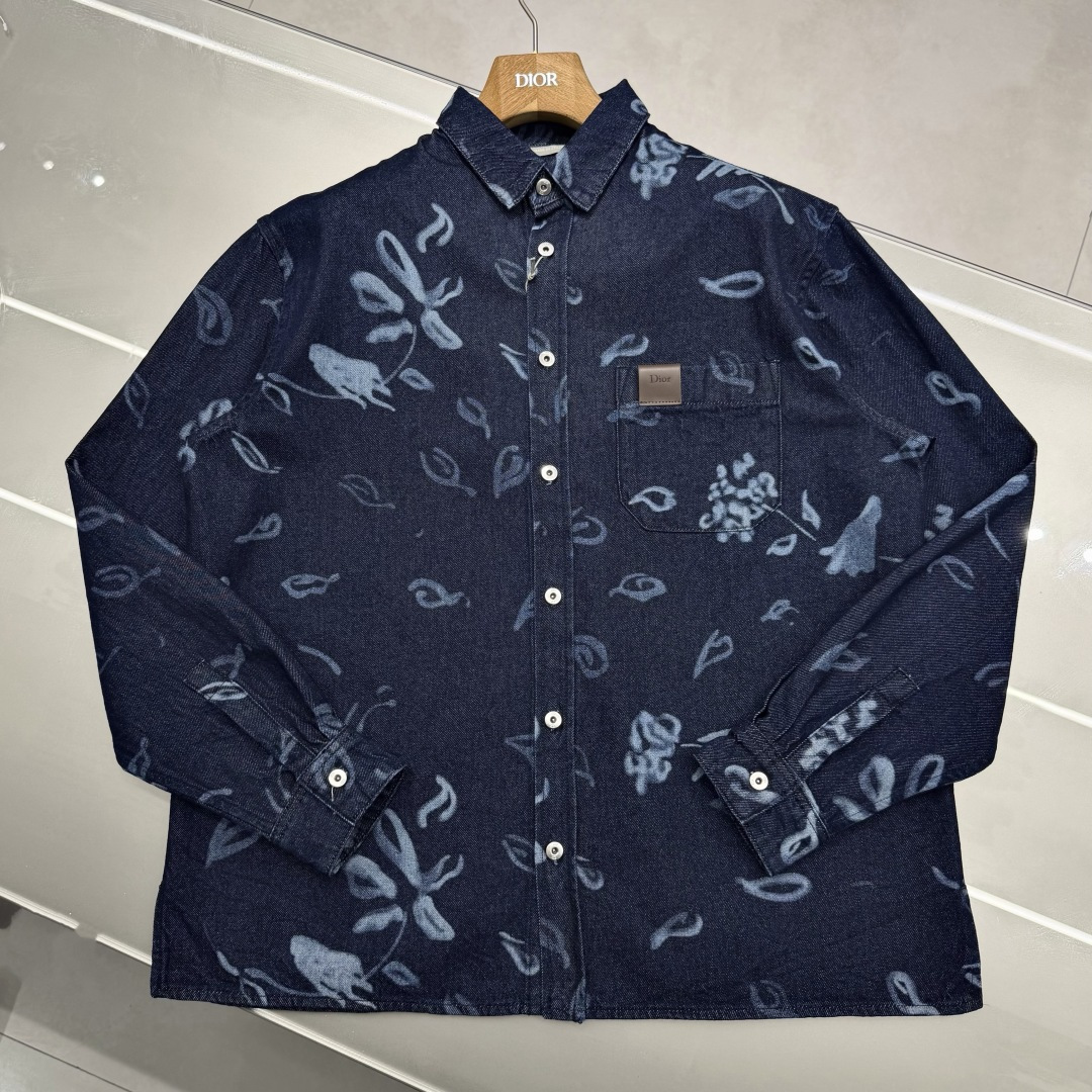Dior Floral Print Denim Long Sleeve Shirt