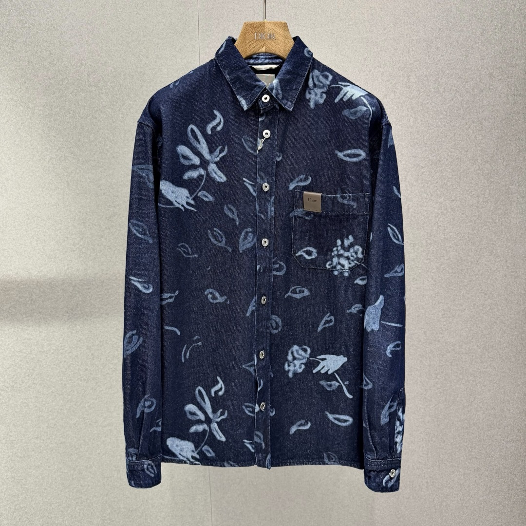 Dior Floral Print Denim Long Sleeve Shirt