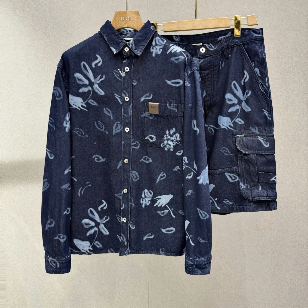Dior Floral Print Denim Long Sleeve Shirt