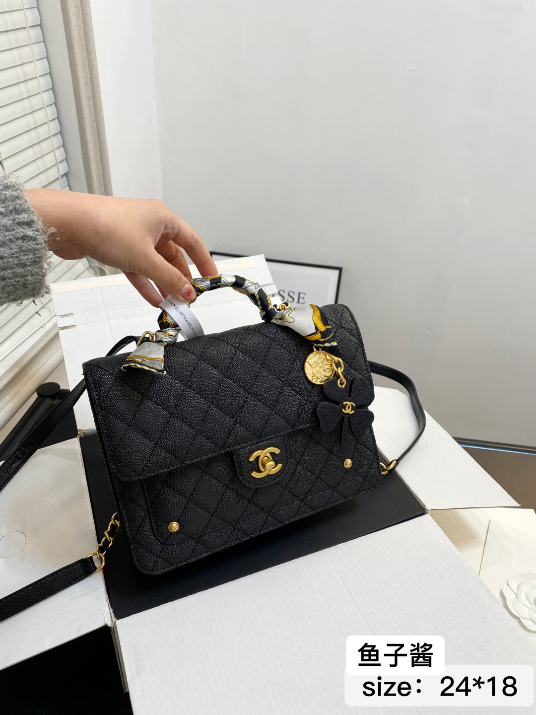🅿️360 Caviar With Folding Airplane Case | Size 24 18 | Pure Leather Upgraded Version | Chanel/chanel25b Four-leaf Clover Backpack, So Charming In The Sun | Chanel Four-leaf Clover Gold Coin Double C Rhombus Black And Gold Color, | These Classic Elements Make Up This Backpack | Highly Popular | 8322