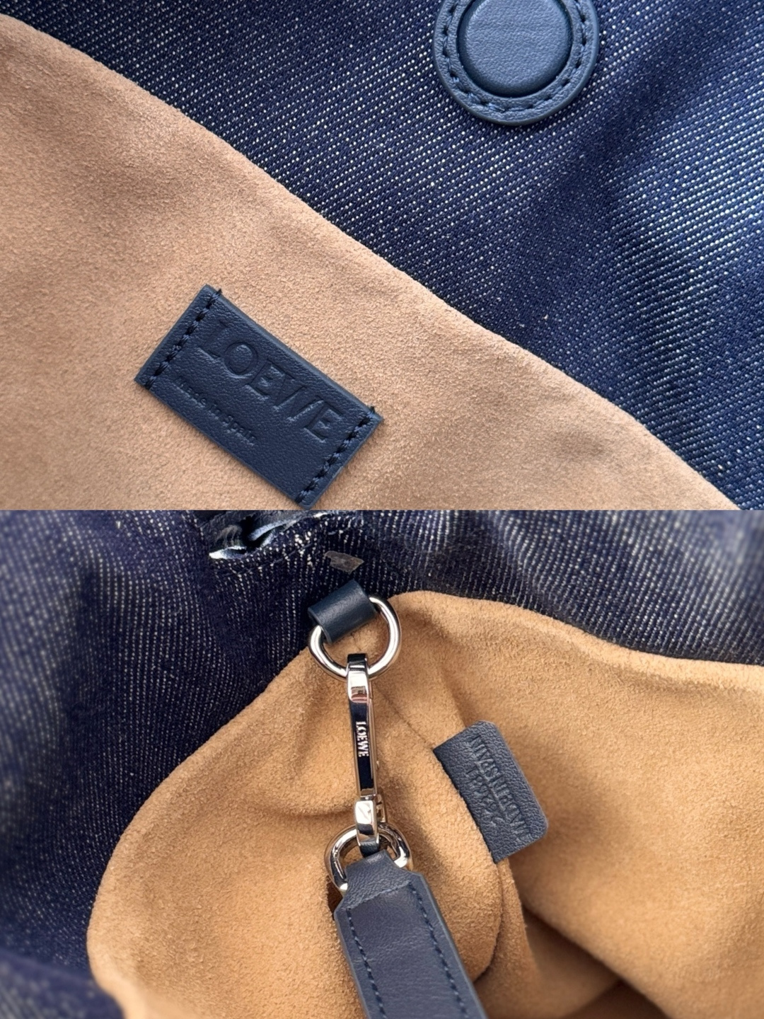 LO℮w℮🌟 中号刺绣丹宁布 Flamenco 福袋手拿包 以柔软材质造就慵懒风格，抽绳设计饰有历史悠久